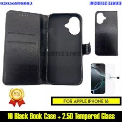 For iPhone 16 Book Case Top Quality + 2.5D Tempered Glass Protector